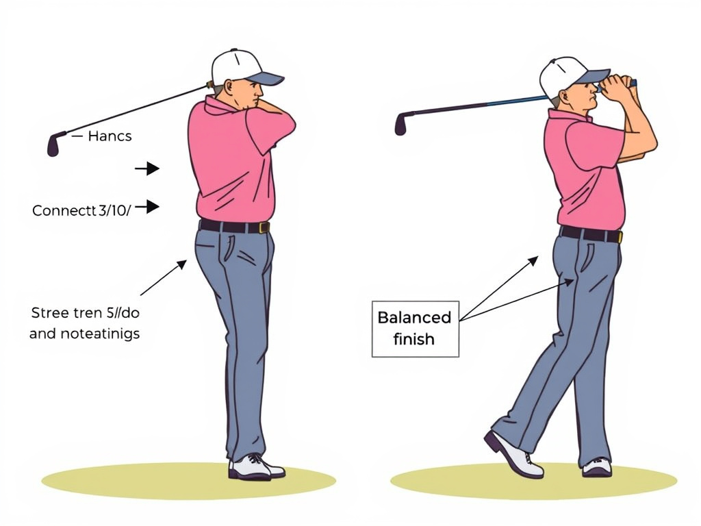 Senior golf swing adjustment diagram showing shorter, connected backswing technique.