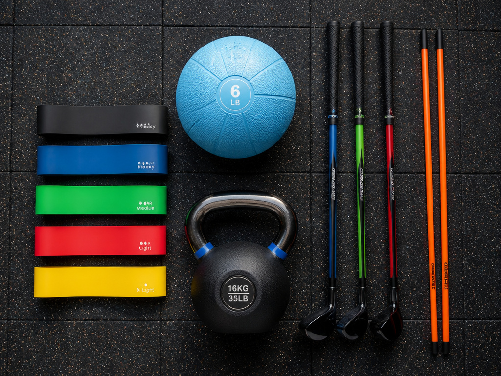 Essential golf fitness training gear including bands, med ball, kettlebell, and speed sticks.