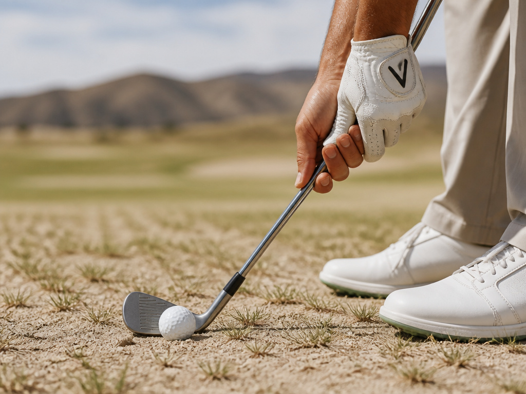 Golfer's hands on club over sandy soil with open fairway and long views.