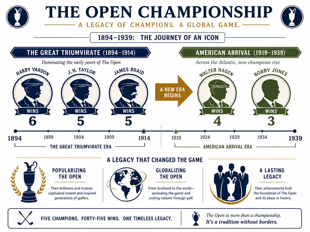Infographic timeline of The Great Triumvirate and American arrival at The Open.