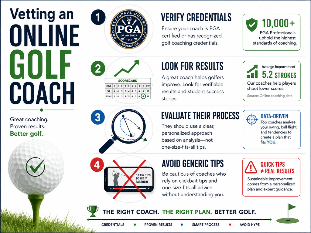 Infographic checklist for vetting online golf instructors and avoiding poor advice.