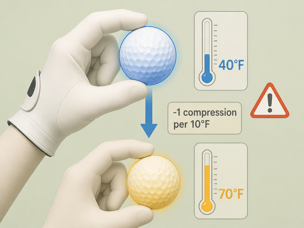 Illustration explaining how cold weather increases golf ball compression and reduces distance