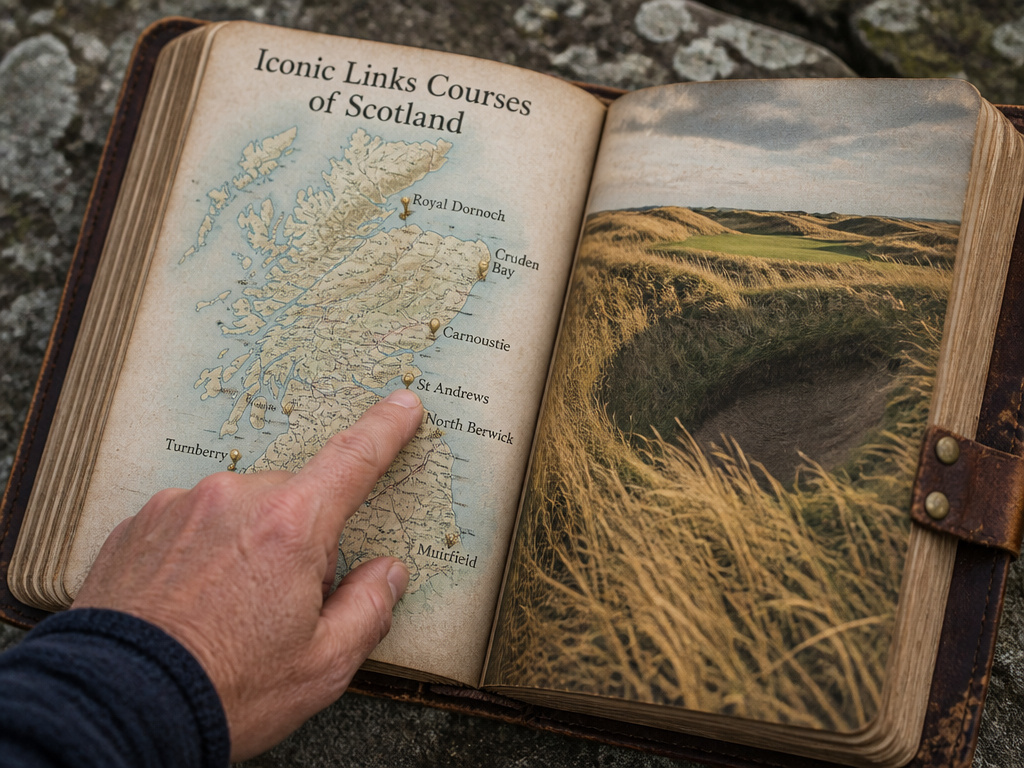 Map and photo of Scotland's iconic coastal links golf courses in a book.