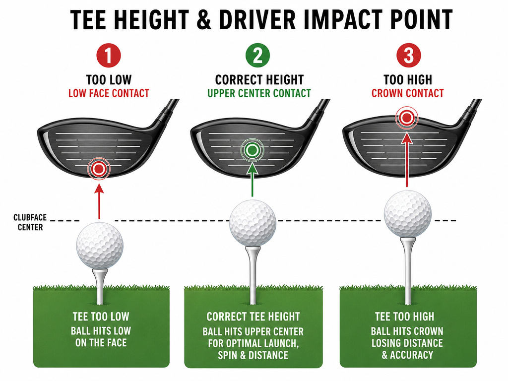 Diagram comparing correct and incorrect golf tee heights for driver performance.