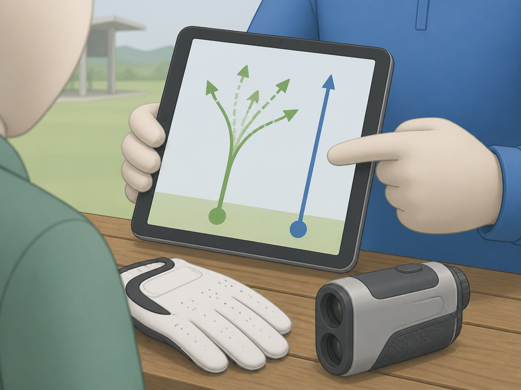Coach using a tablet to explain a flexible versus rigid golf teaching philosophy