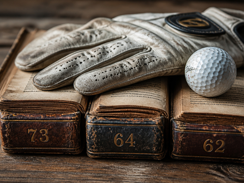 Three books with win totals 73, 64, 62 next to golf glove and ball.
