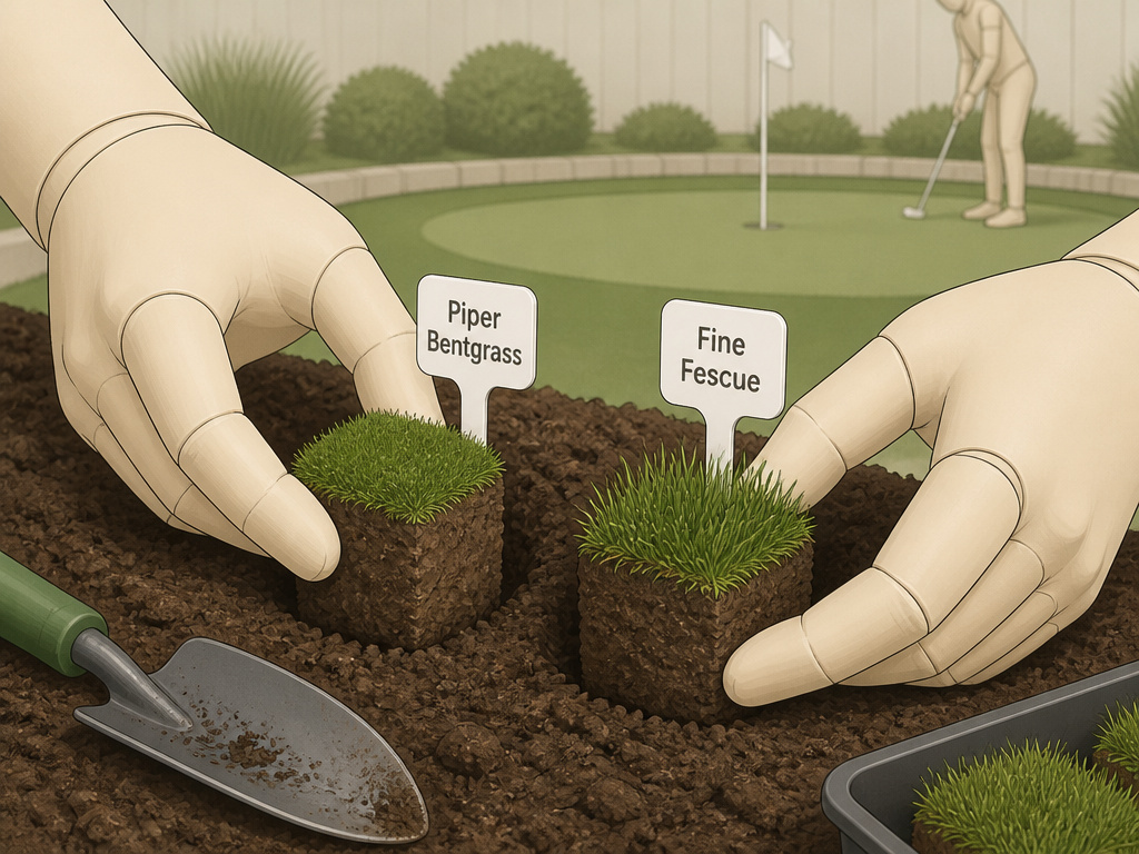 Close-up of hands planting low-input bentgrass and fescue plugs for a home putting green.