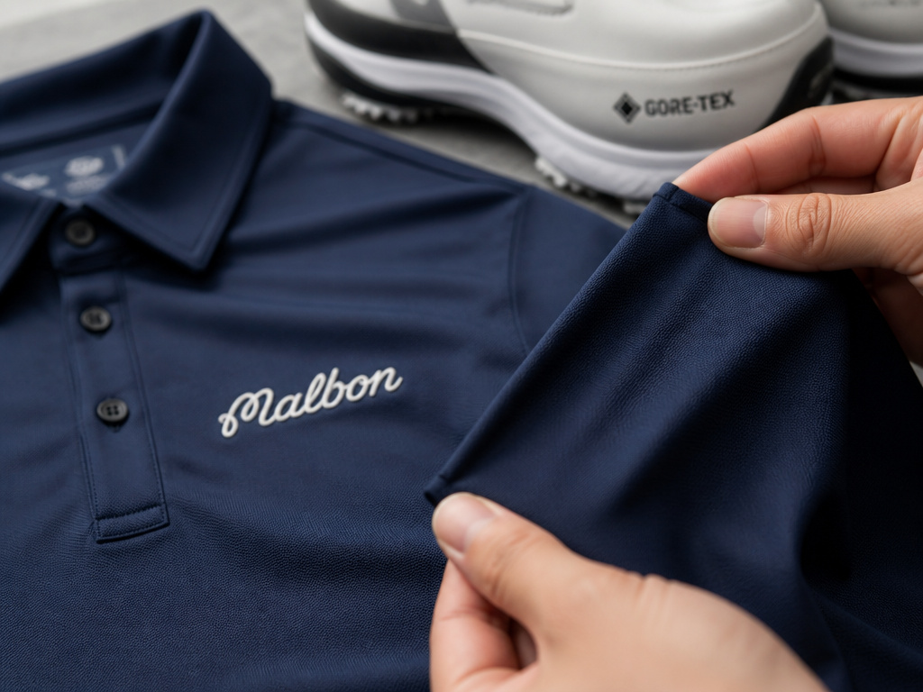 Modern golf shirt with logo and high-tech performance fabric close-up.