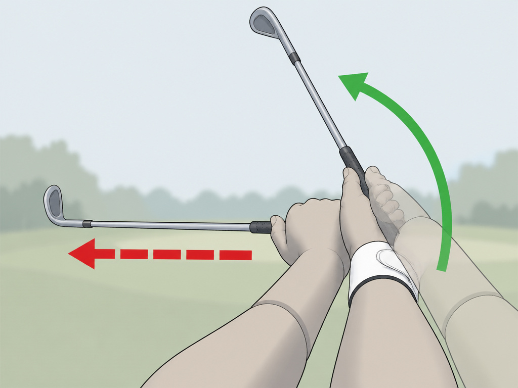 Correcting a flat backswing by showing proper wrist hinge and plane shift.