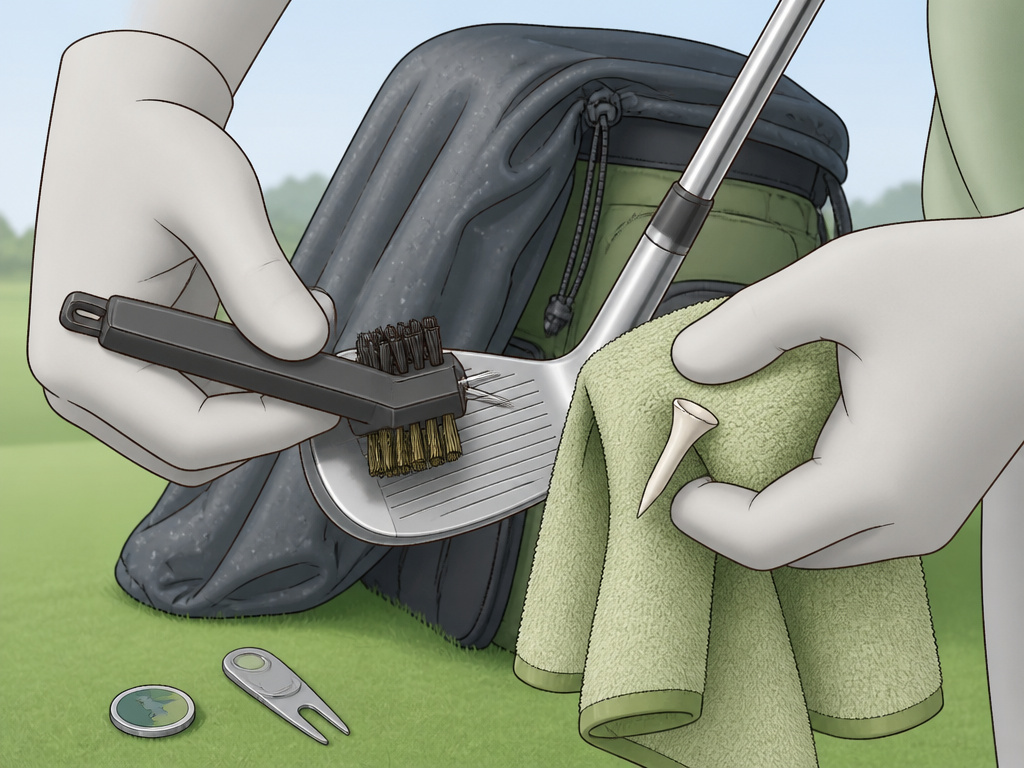 Cartoon comparing nice-to-have golf accessories like a brush and ball marker to essentials.