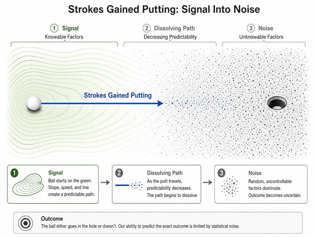 Diagram illustrating strokes gained putting metric dissolving into statistical noise.