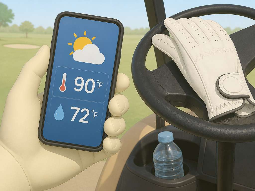 Golfer checking dew point on phone for hot weather golf safety.