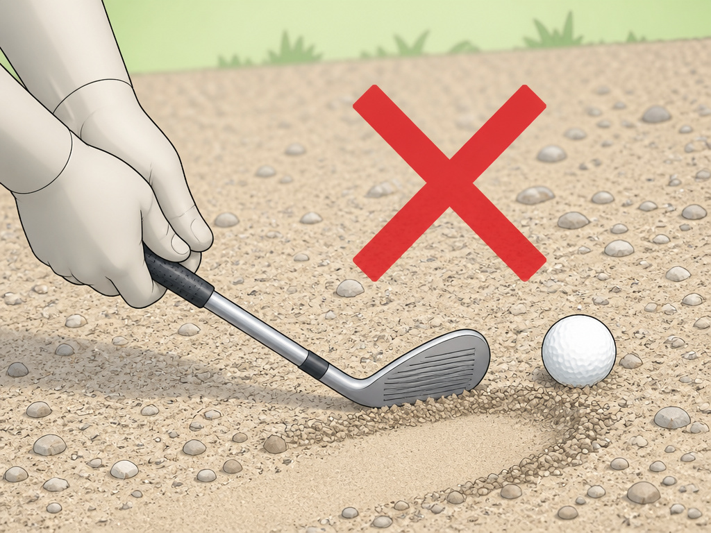 Golfer's illegal practice swing brushing sand in a waste bunker, breaking Rule 8.1.