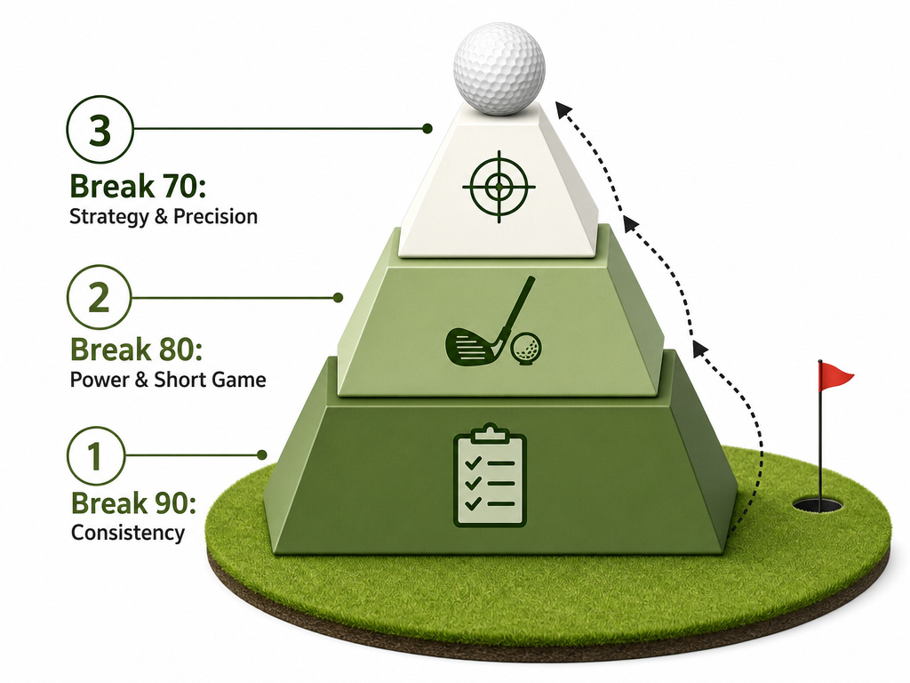 Diagram of the progression pyramid from breaking 90 to breaking 70 in golf.