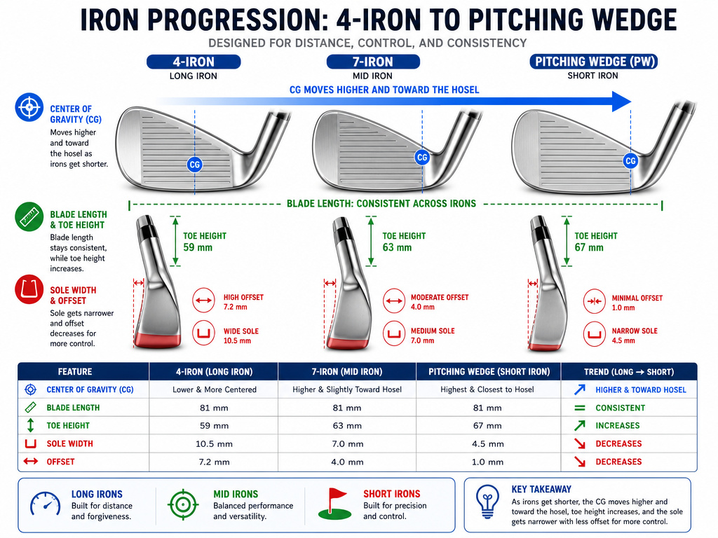 Infographic explaining progressive iron set changes in CG, sole width, and offset.