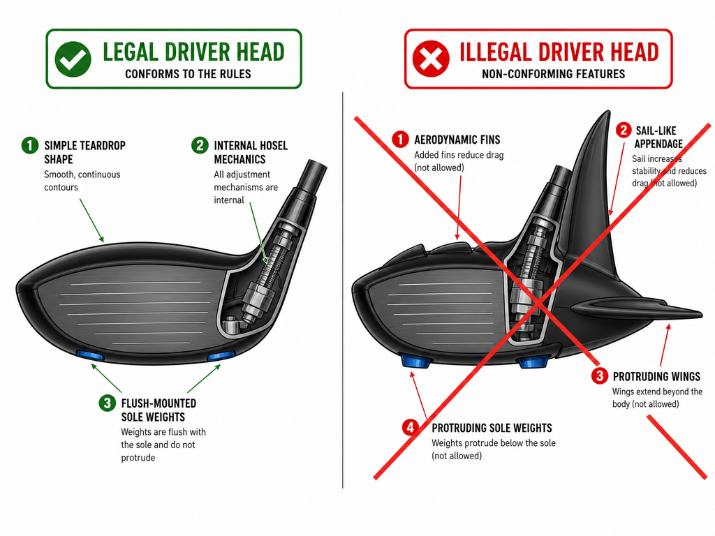 Diagram comparing legal plain driver shapes to illegal aerodynamic features.