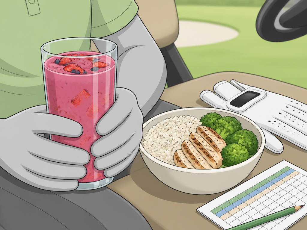 Post-round golf nutrition with a recovery smoothie, chicken, and rice bowl.