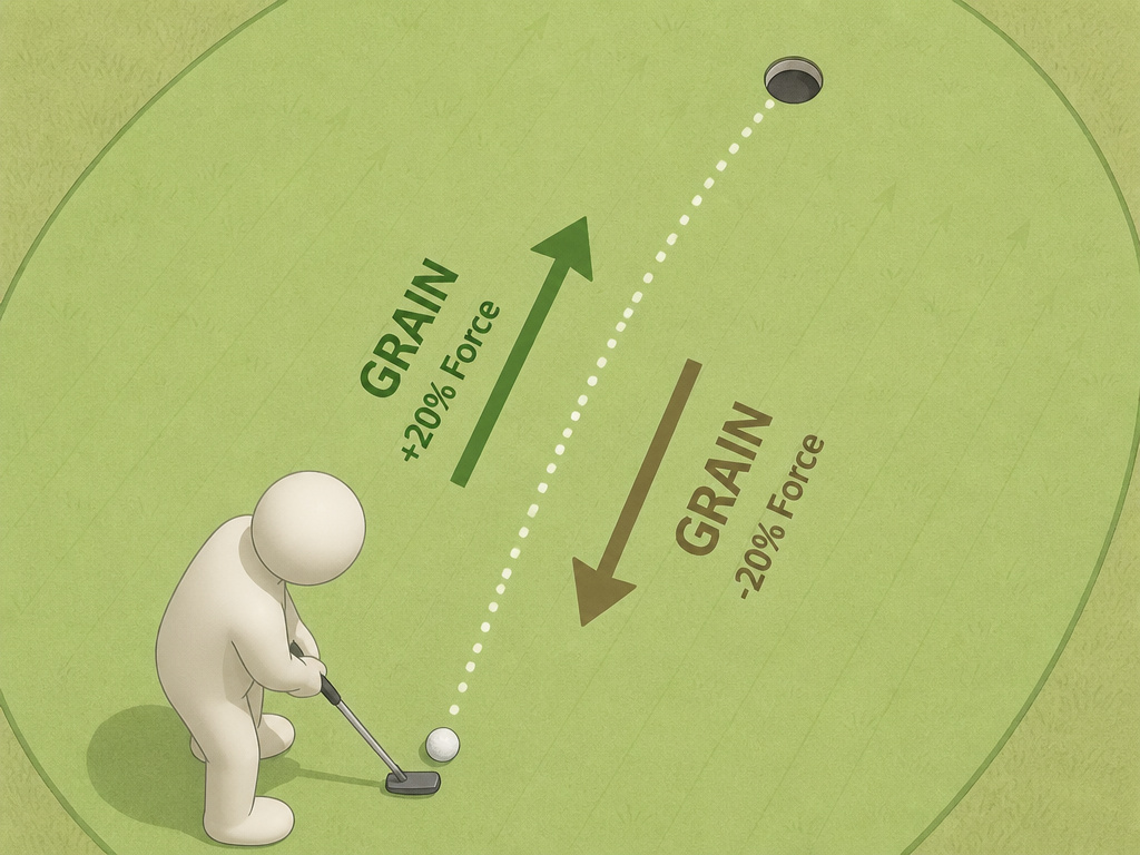 Diagram showing force adjustments for putting into and down grain on a green.