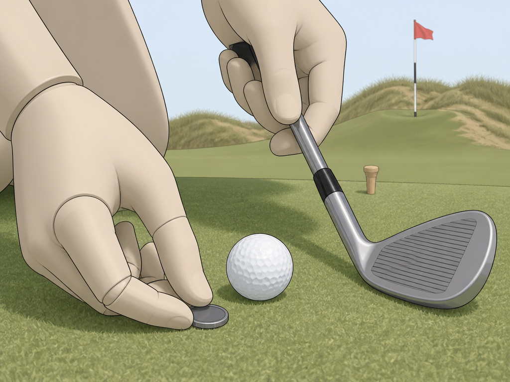 Cartoon glossary of golf terms showing a wedge, ball marker, tee, and links course.