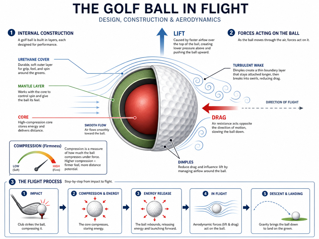 Diagram explaining how golf ball construction and dimples affect drag, lift, and flight.