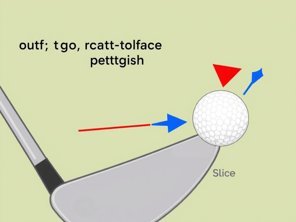 Golf club diagram showing open clubface and out-to-in swing path causing a slice.