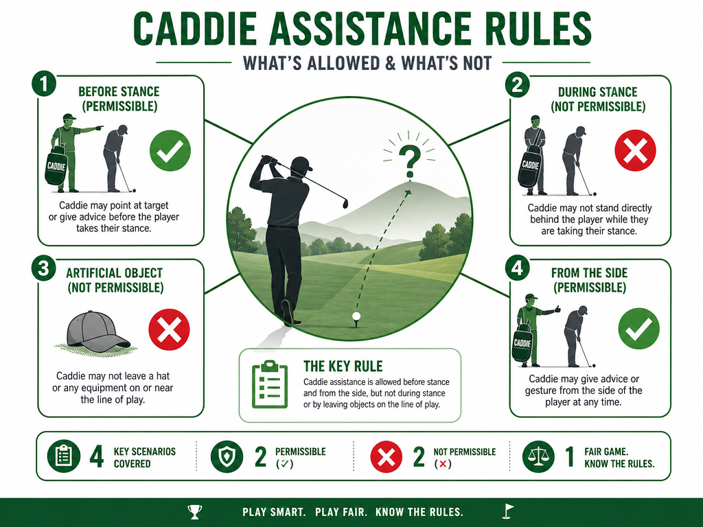 Golf blind shot rules infographic showing allowed and penalized caddie assistance.