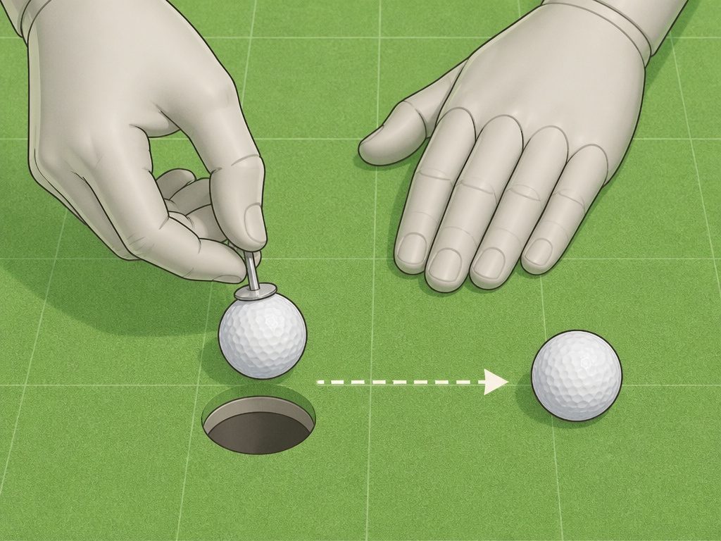 Caddie marking and replacing a golf ball on the green under rules.