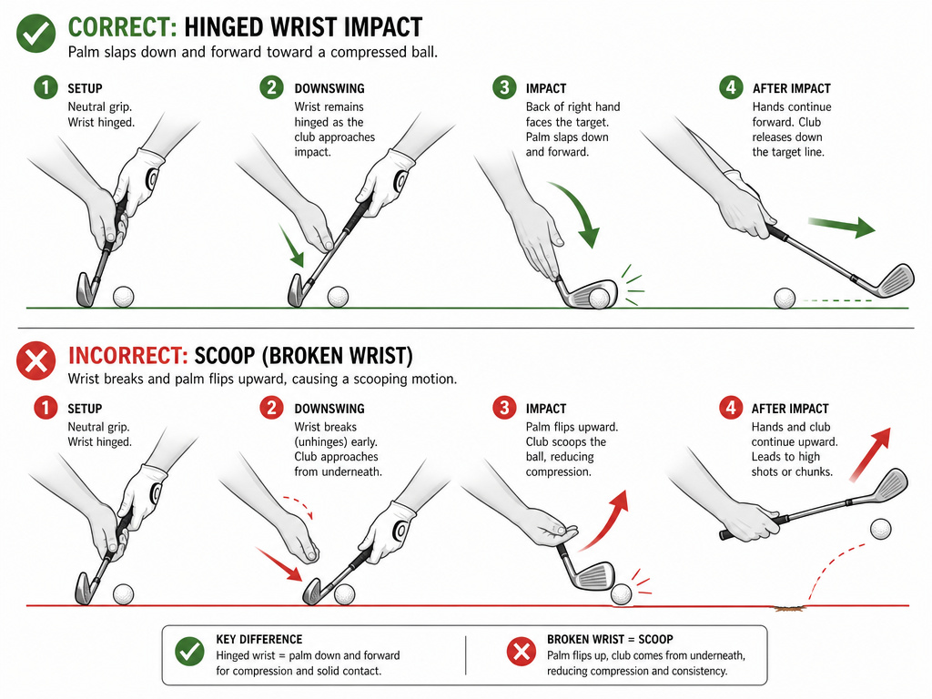 Correct vs. Scooping wrist position for compressing a golf ball with an iron