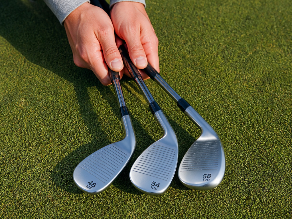 Three golf wedges with different lofts and bounce angles on a green.