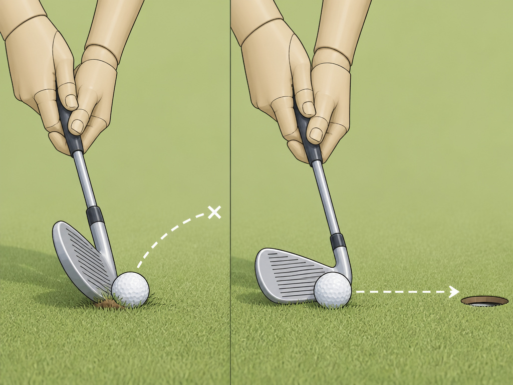 Cartoon comparing a failed wedge chip versus a successful bump-and-run with a 7-iron.