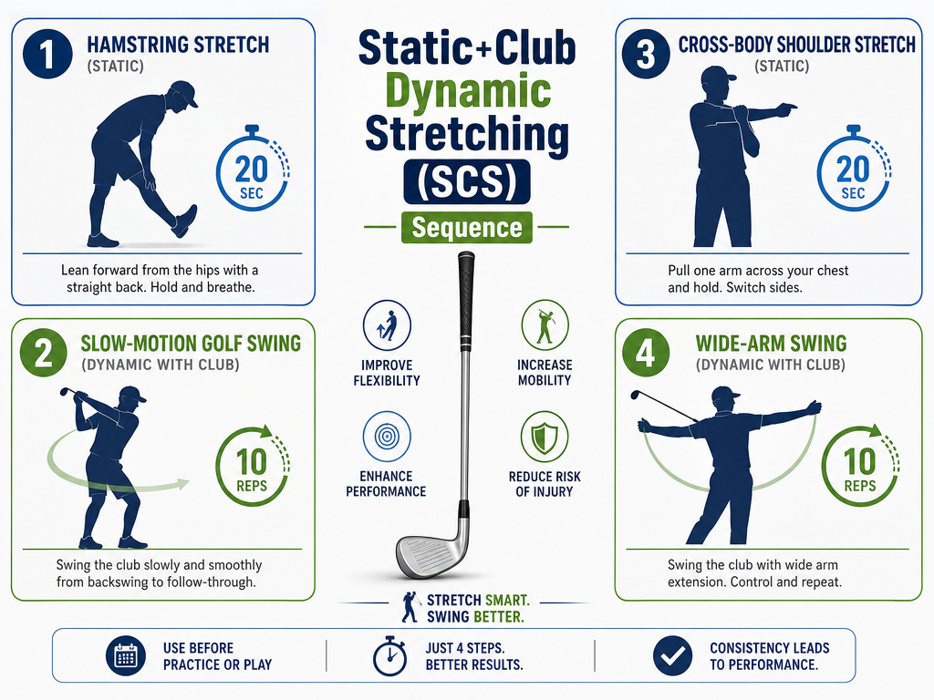 Infographic of the four-step Static+Club Dynamic Stretching routine for golfers.