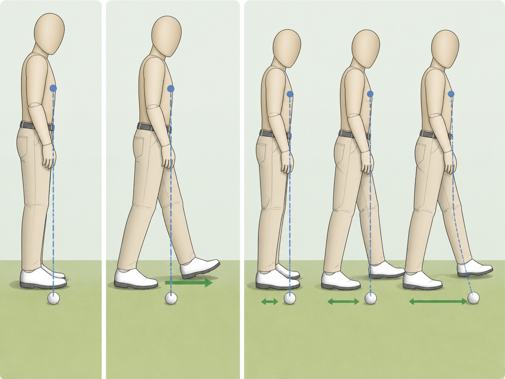 Cartoon diagram showing how golf ball position changes with stance width for different clubs.