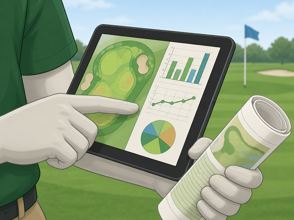 Golf course superintendent analyzing turf data on a tablet for strategic management.