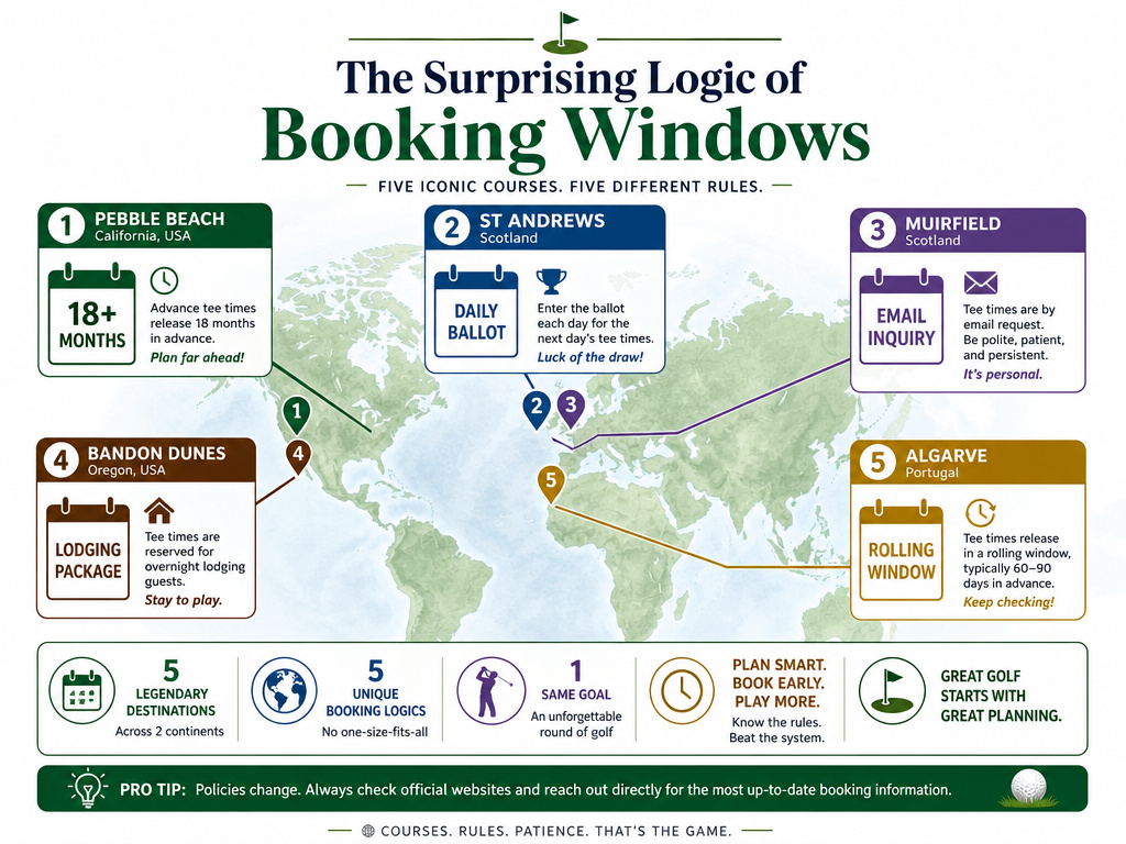 Infographic comparing international golf course booking windows and strategies.