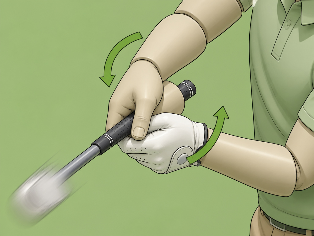 Golfer's hands releasing a long iron through impact, instructional diagram