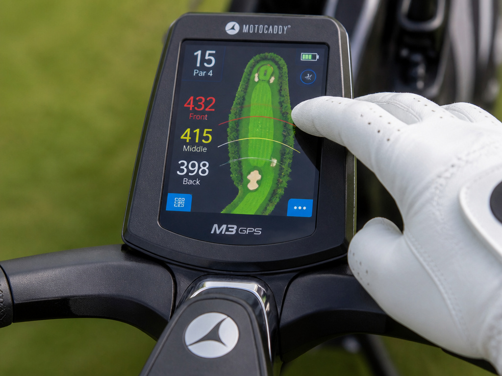 Close-up of a GPS golf trolley screen displaying legal distance information on the course.