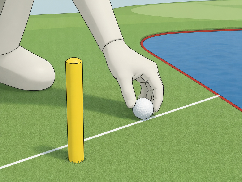Cartoon diagram of back-on-the-line penalty relief from a yellow-staked hazard in golf.
