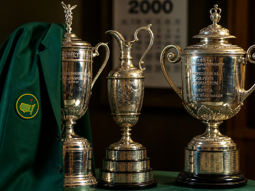 Four major golf trophies representing the Tiger Slam's consecutive major wins.