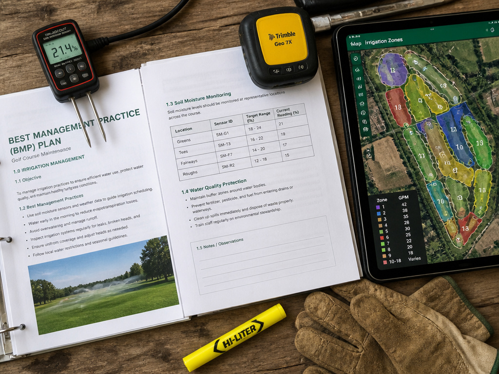 Golf course superintendent's tools: BMP plan, soil sensor, and mapping software on desk.