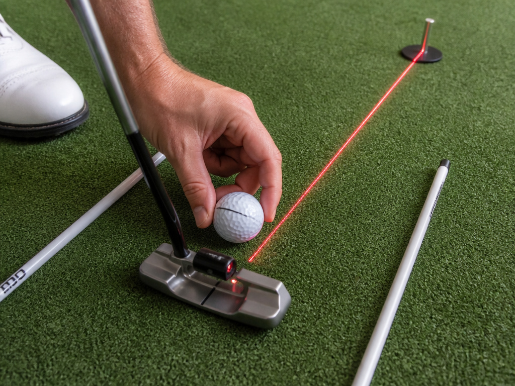 Putting alignment tools: laser aid, string line, and alignment sticks on green.