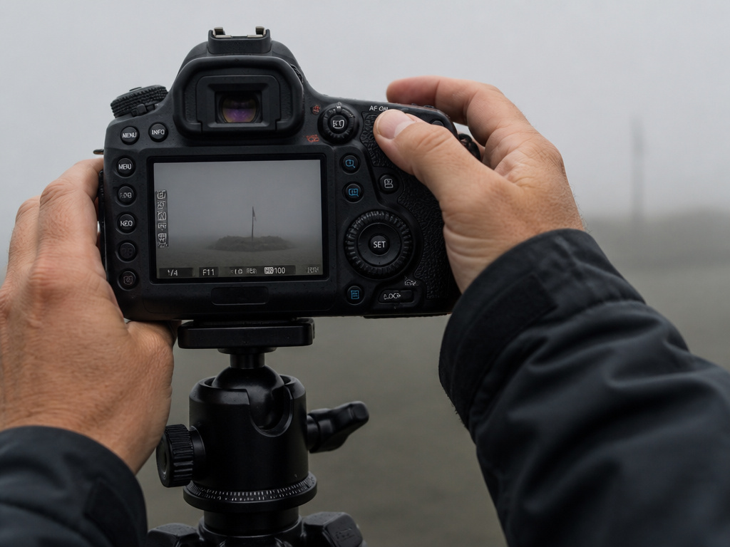 Photographer's hands on camera in thick fog on a coastal golf course