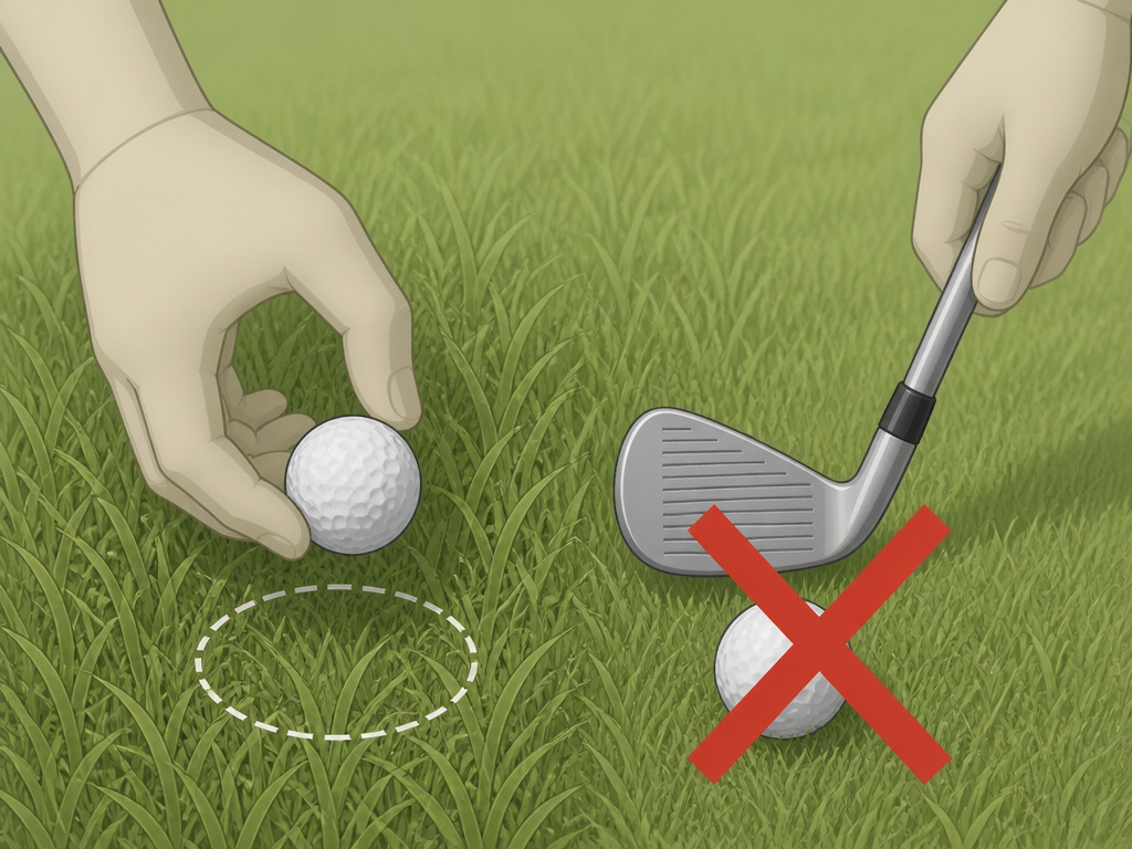 Cartoon illustrating the penalty for playing a golf ball from the wrong place.