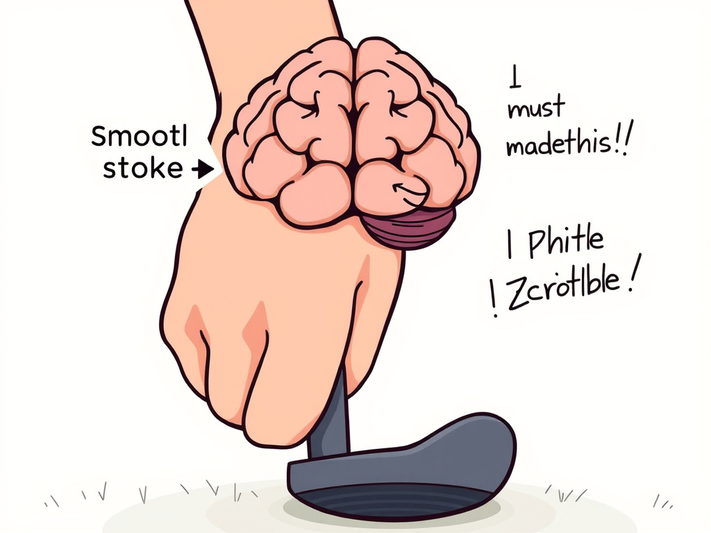 Golfer's mental game showing rational versus irrational self-talk during a putt.