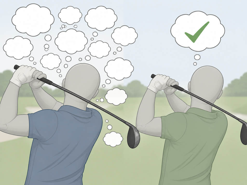 Cartoon illustrating tinkering with many swing thoughts versus trusting a simple swing