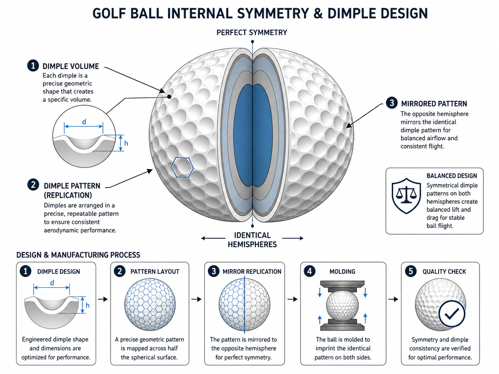 Diagram of symmetrical dimple patterns on a golf ball for consistent flight.
