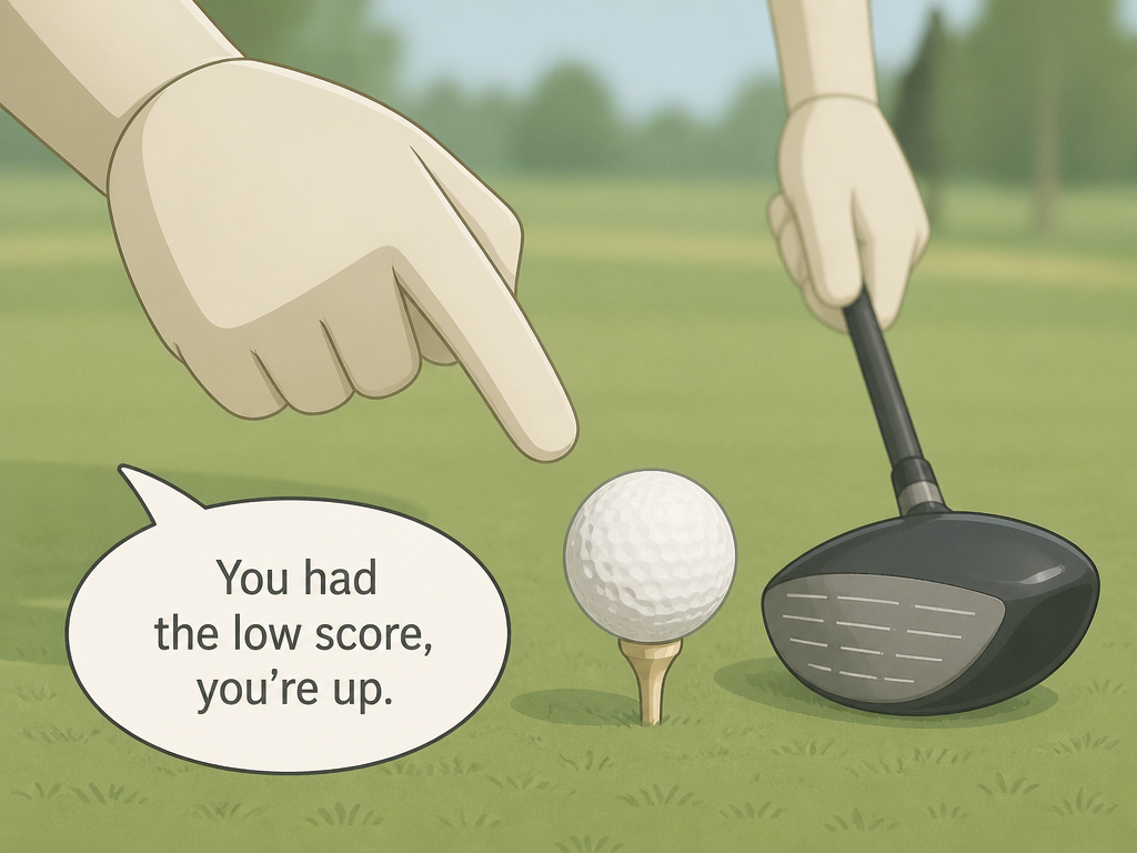 Golfer announcing honors on the tee box before driving.