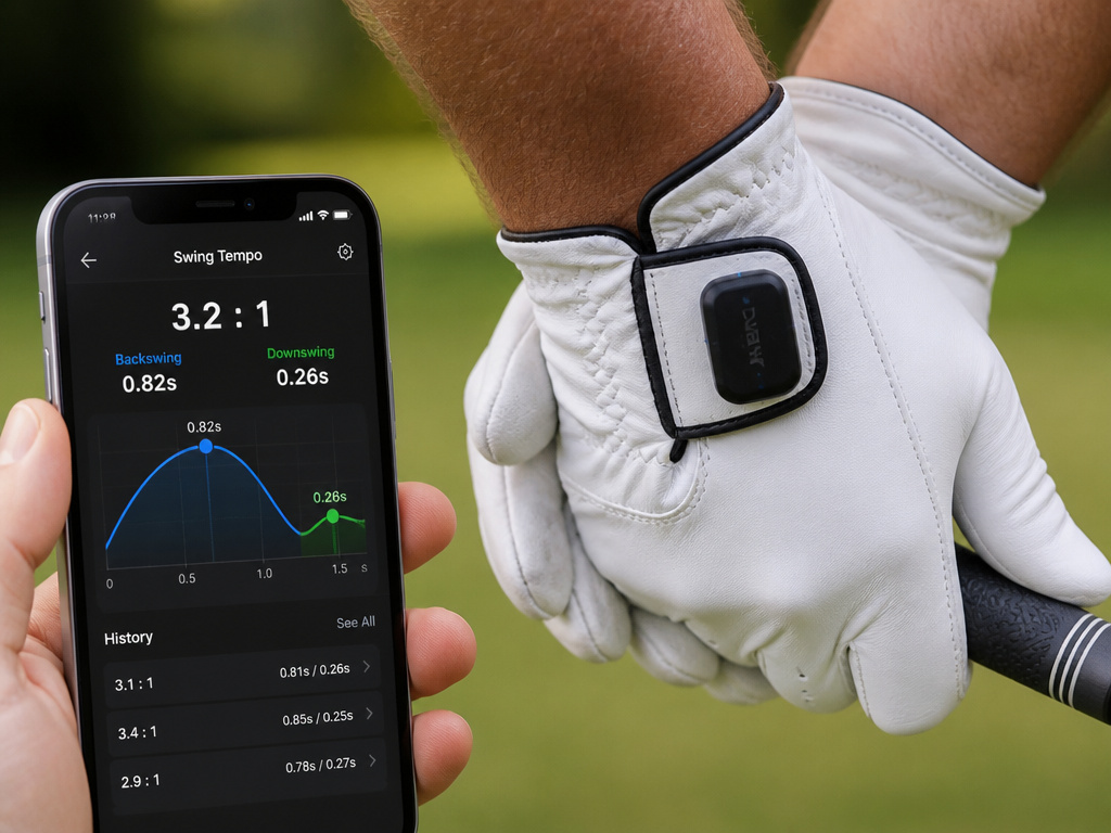 Wearable golf swing sensor on glove measuring tempo and rhythm data.