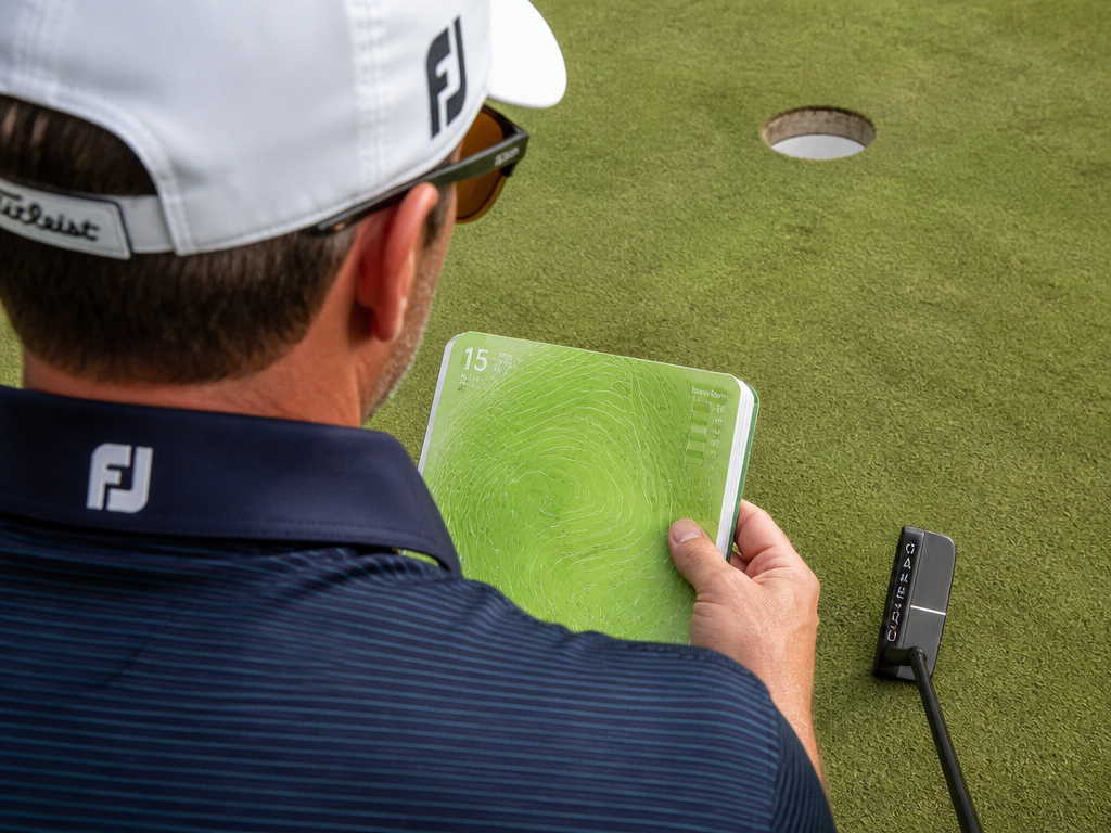 Golfer using a green-reading book and sunglasses to read slope on a putting green