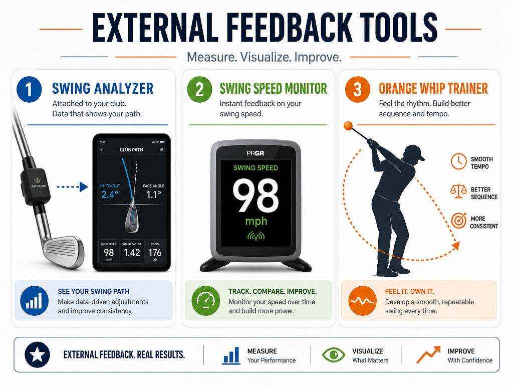Infographic of golf swing analyzers, speed monitors, and trainers for objective feedback.