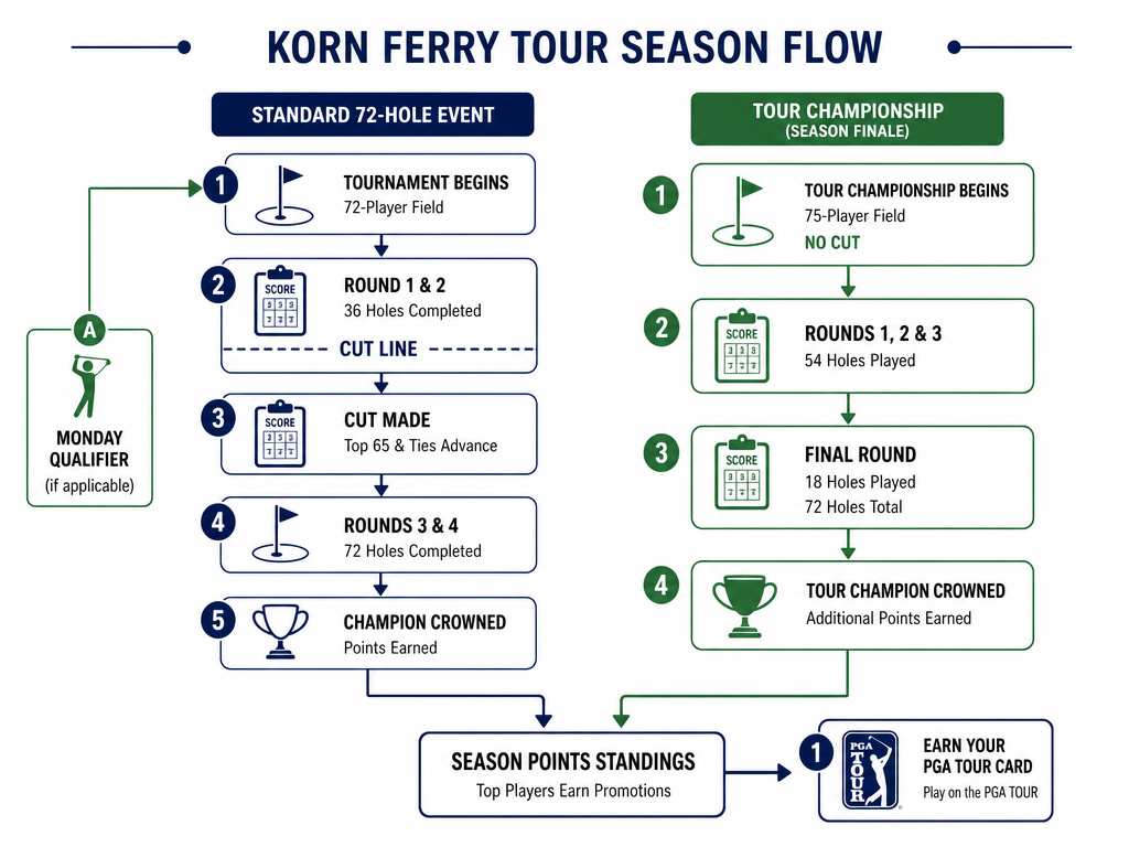 Diagram of Korn Ferry Tour tournament structure, cuts, and qualifying paths.